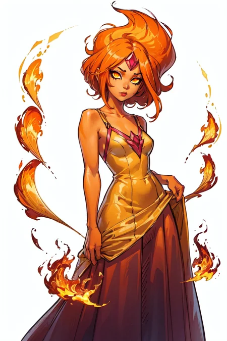 (FlamePrincess:1.2), (orange skin, orange eyes, yellow sclera, gem, flame hair:1.5), (PrincessOutfit, orange ballgown:1.5), (white background:2), (realistic:1.2), (masterpiece:1.2), (full-body-shot:1),(Cowboy-shot:1.2), neon lighting, dark romantic lighting, (highly detailed:1.2),(detailed face:1.2), (gradients), colorful, detailed eyes, (detailed landscape:1.2), (natural lighting:1.2), (cute pose:1.2), (solo, one person, 1girl:1.5), standing, <lora:FlamePrincessAdventureTime-10:0.8> <lyco:coloredSkin-08:0.4>