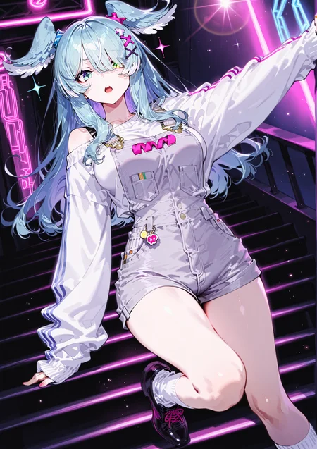 zPDXL3 Real score_9, score_8_up, score_7_up, score_6_up source_anime, highly detailed, sharp, intricate details, rating_safe rating_sensitive, rating_explicit, masterpiece, best quality, good quality, bright eyes light particles lens flare amazing quality, very aesthetic, very awa, absurdres, newest,
<lora:yoneyamaiXLNBVP1lokrV6311PZ:0.5>, <lora:SagawaNoobAI10SDXL:0.5>
<lora:nhl-001:0.4> nhl-001 film grain multicolored background <lora:ponyv4_noob1_2_adamW:0.4>
medium breasts, dynamic pose, dynamic angle,
optical illusion, ssambatea, quasarcake, Fishine, arutera, soresaki, reoen, sanbonzakura, askzy, negative space, see-through, made of, neon light, detailed background,
niji-pendora,large breasts,heterochromia,green eye,symbol pupils,+_+,blue-green hair,streaked hair,head wings,long hair,hair ornament,x hair ornament,hair over one eye,covered one eye,
niji-pendoracos1,grey overalls,short overalls,white sweater,long sleeves,sleeves past fingers,sleeves past wrists,single off shoulder,white socks,short socks,
stairs
<lora:niji-elira:0.7>