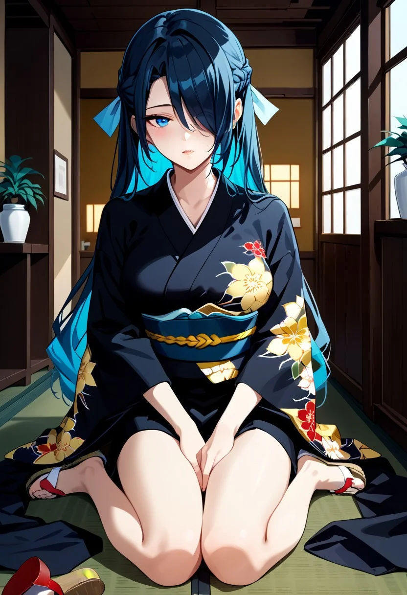score_9,score_8_up,score_7_up,source_anime, FUBUKI_AZUMA,1girl,solo,long hair,breasts,looking at viewer,blush,blue eyes,black hair,ribbon,closed mouth,sitting,medium breasts,blue hair,full body,braid,hair ribbon,multicolored hair,sidelocks,thighs,parted lips,japanese clothes,indoors,wide sleeves,kimono,hair over one eye,legs,sash,bare legs,window,white footwear,sandals,floral print,wariza,obi,plant,blue ribbon,colored inner hair,french braid,between legs,hand between legs,on floor,potted plant,print kimono,black kimono,floral print kimono,