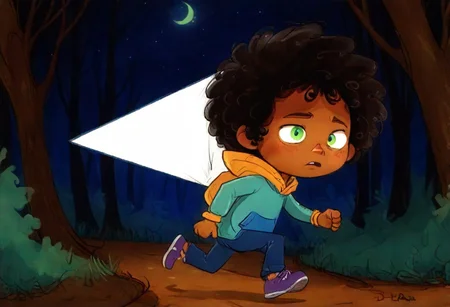 max (camp camp), cartoon theme, max (camp camp), 1boy, solo, human, male focus, curly black hair, curly tousled black hair, afro, dark skin, orange skin, dark-skinned male, large eyes, round eyes, green eyes,small nose, triangular nose, pointed nose, anoyed face, running, blue hood, blue pants, small body, young boy, chibi, dark forest, night