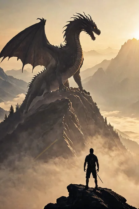 A silhouetted hiker standing atop a misty mountain peak, confronting a majestic dragon bathed in golden sunlight.