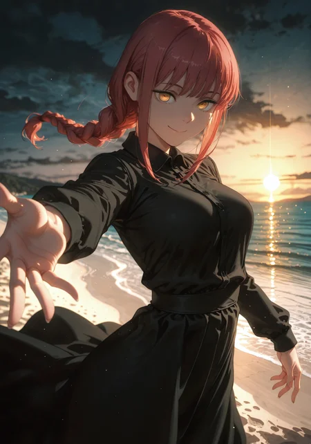 ((smile,hand reaching to viewer:1.5))

((1 girl,Makima, ringed eyes,  red hair, braided ponytail, bangs, yellow eyes, sidelocks, medium hair, long hair,glowing eyes))

(Black dress:1.5)

(Beach:1.5),(sunset:1.5)

((negative space:1.1)),((dynamic angle:1.5)),((foreshortening:1.5)),((extreme perspective:1.4)),(dynamic pose:1.5)),(bokeh around character:1.2)

artist:moriimee,Smooth_Quality,amazing quality, ((aesthetic:1.3)),((4k,8k,Ultra HD)),((Masterpiece :1.2)),((Best quality :1.2)),((Detailed :1.5)),((Detailed background :1.5))