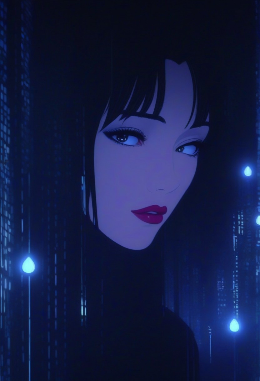 anime screencap, A close-up of a strikingly beautiful face, illuminated by soft, flickering candlelight and the neon reflections of a rain-soaked city. Her glossy, deep crimson lips curve into a sultry smirk, revealing a single, razor-sharp vampire fang stained with a faint trace of blood. A sleek black titanium lip ring glints in the dim glow. Her eyes, half-lidded and mesmerizing, shimmer with a supernatural allure—one a deep wine-red, the other an eerie silver, both framed by long, dark lashes that cast delicate shadows over her pale, porcelain skin. Her sleek, jet-black hair clings to her face in damp strands, dripping from the rain as cool mist swirls around her. The image is captured in a dynamic Dutch angle, emphasizing the sharp contours of her high cheekbones and the sensual detail of her lips, drawn in a hyper-realistic 1990s anime style reminiscent of a vintage OVA. Dramatic, high-contrast lighting from cyberpunk street signs and flickering lanterns creates deep, inky shadows across her face, enhancing the gothic, futuristic atmosphere. The frame is tinted in a rich sapphire-blue hue, intensifying the dreamlike, cinematic aesthetic, as if pulled from a lost anime film still.