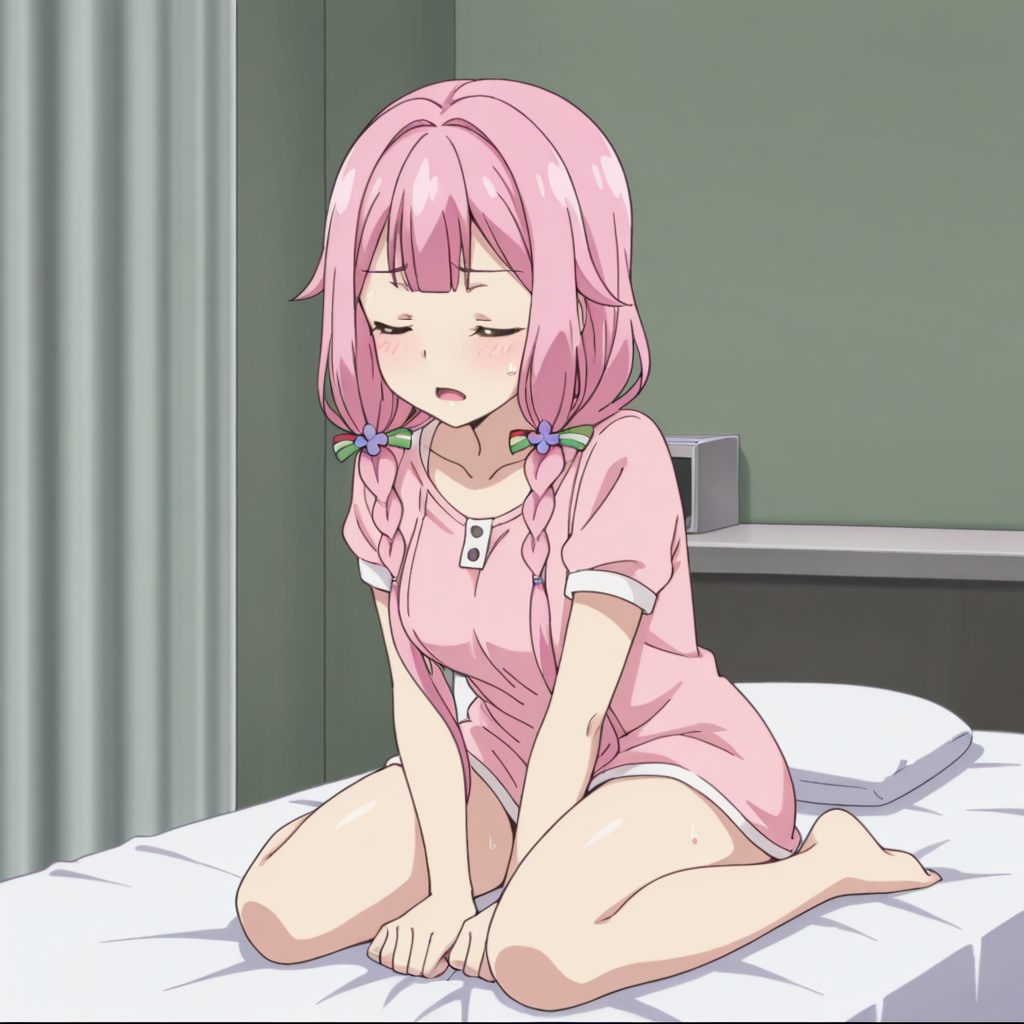 nsfw, masterpiece, best quality, 1girl, solo, warlords_of_sigrdrifa_watarai_sonoka, full body, closed eyes, pink hair, blush, braid, twin braids, hair ornament, open mouth, bangs, long hair, flower, hair flower, collarbone, indoors, short sleeves, sweat, curtains, twintails, hair over shoulder, shirt, sweatdrop, scghool health room, bed, <lora:Watarai_Sonoka_-_Warlords_of_Sigrdrifa:0.7>