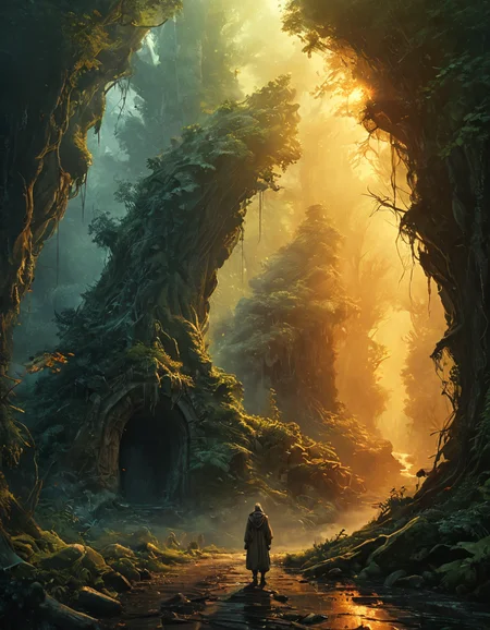 concept art, painting of a man standing in the middle of a (forest:1.3), high fantasy matte painting, entrance to a dark tunnel, monks, artwork about a road to freedom, centered in image, detailed scenery, enigmatic dreamscape surrealistic