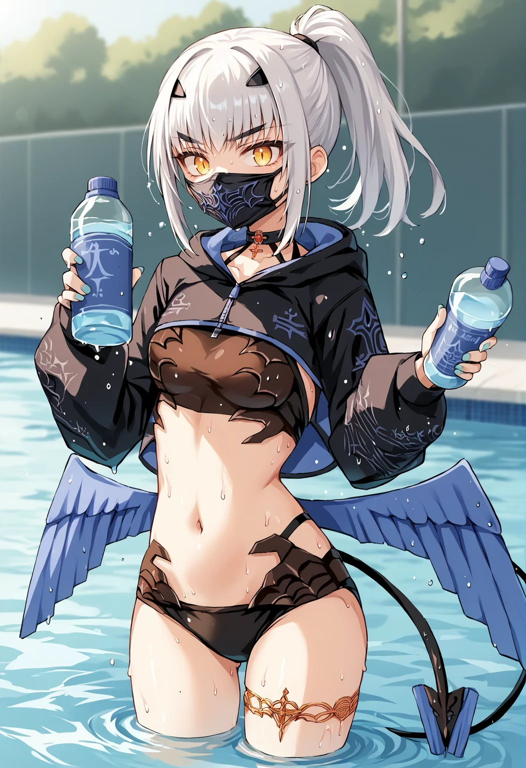1girl, forked eyebrows, white hair, very long ahir, yellow eyes, v-shaped eyebrows, bikini, black bikini, black jacket, cropped jacket, dragon wings, hight ponytail, tail, thighlet, thighs, solo, outdoors, pool, cowboy shot, holding bottle, water, wet, sweat, mouth mask,   <lora:Melusine_Fate_Grand_Order_XL_v2:1>, score_9, score_8_up, score_7_up, score_6_up, score_5_up, score_4_up, BREAK source_anime, masterpiece