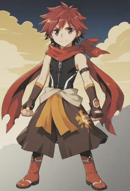 ((masterpiece)), ((best quality)), ((ultra-detailed)), ((absurdres)), score_9_up, score_8_up, score_7_up,
HD, top quality, best quality, amazing quality, High-quality illustrations, anime screencap, source_anime, best aesthetic, perfect proportions, perfect eyes, 1boy, 1male, solo boy, solo male, male focus, solo male focus, Anime, boy, male anime character, anime boy, ((kawaii, cute, charming)), ((small, small body, small height)), ((thin body, slender body, slim body, small body)), ((looking at front, looking at viewer)), ((front shot, front view, view from front)), Kousuke Fukuoka, ((red hair)), black-gray eyes, ((big eyes, kawaii eyes)), long red scarf, black shirt, zipper, sleeveless, brown arm gloves, fingerless gloves, light brown waistcloth, red waistcloth, red boots, updn, easynegative, neghands, Expressiveh, ((full body shot, head to feet shot)), ((traditional japanese background, outside, sun, clouds)), ((joyful look, happy expression, small simple smile))