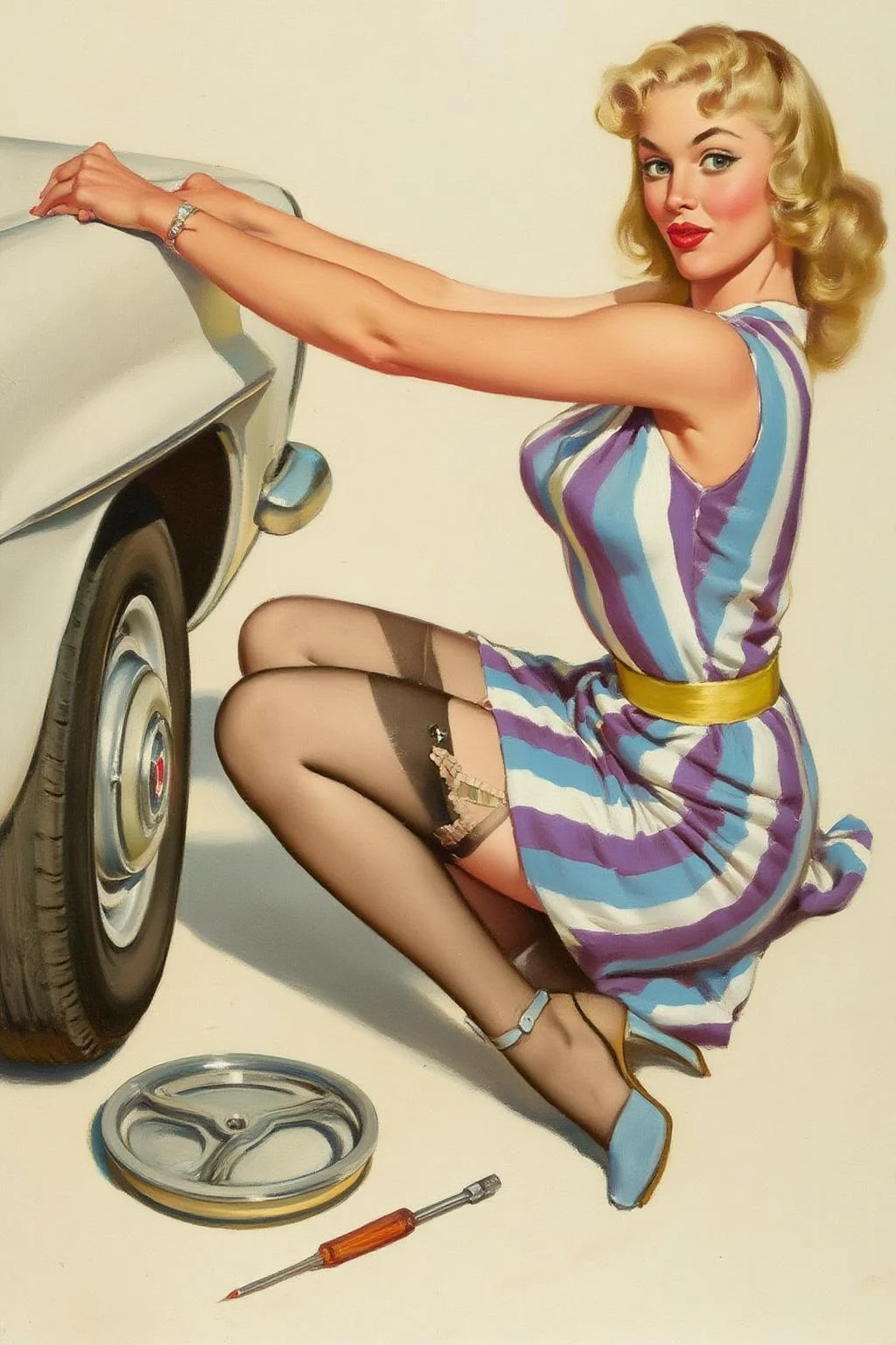 gilelvgren1 illustration.
A woman, shown in side profile, in a vintage-style dress with vertical stripes of blue, white, and purple, complemented by a gold belt. She is sitting on the ground, with her arms extended, trying to pull off a tire. Her blonde hair is styled in waves, and she wears red lipstick, black stockings, and high-heeled shoes. She is turning her head to look at the viewer, and pouting her lips. Beside her, a wheel cover and a screwdriver lie on the ground. The background is plain. <lora:gilelvgren1_d8a4e9a:1.0><lora:867331973117435739:0>