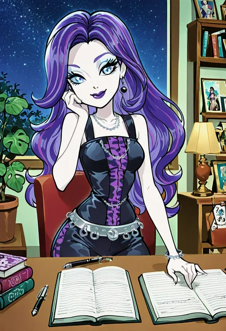 masterpiece, best quality, solo, curvy, beautiful eyes, narrow waist, wide hips, 1girl, solo, smile, looking at viewer, foreshortening, close up, anime screenshot, ,<lora:SpectraVondergeistMH_IXL:1.0>, zzSpectra, blue eyes, blue hair, long hair, multicolored hair, purple hair, streaked hair, two-tone hair, pale skin, makeup, jewelry, earrings, lipstick, dress, necklace, eyeshadow, bracelet, purple lips, C0utur3Cr4z3, <lora:CoutureCraze_IXL:0.3>,, zzLofi, sitting, side view, desk, chair, book, bookshelf, head rest, holding, holding pen, lamp, night, open book, pen, plant, potted plant, sky, star (sky), starry sky, window, windowsill, writing, <lora:LofiGirl_Style_IXL:0.8>,