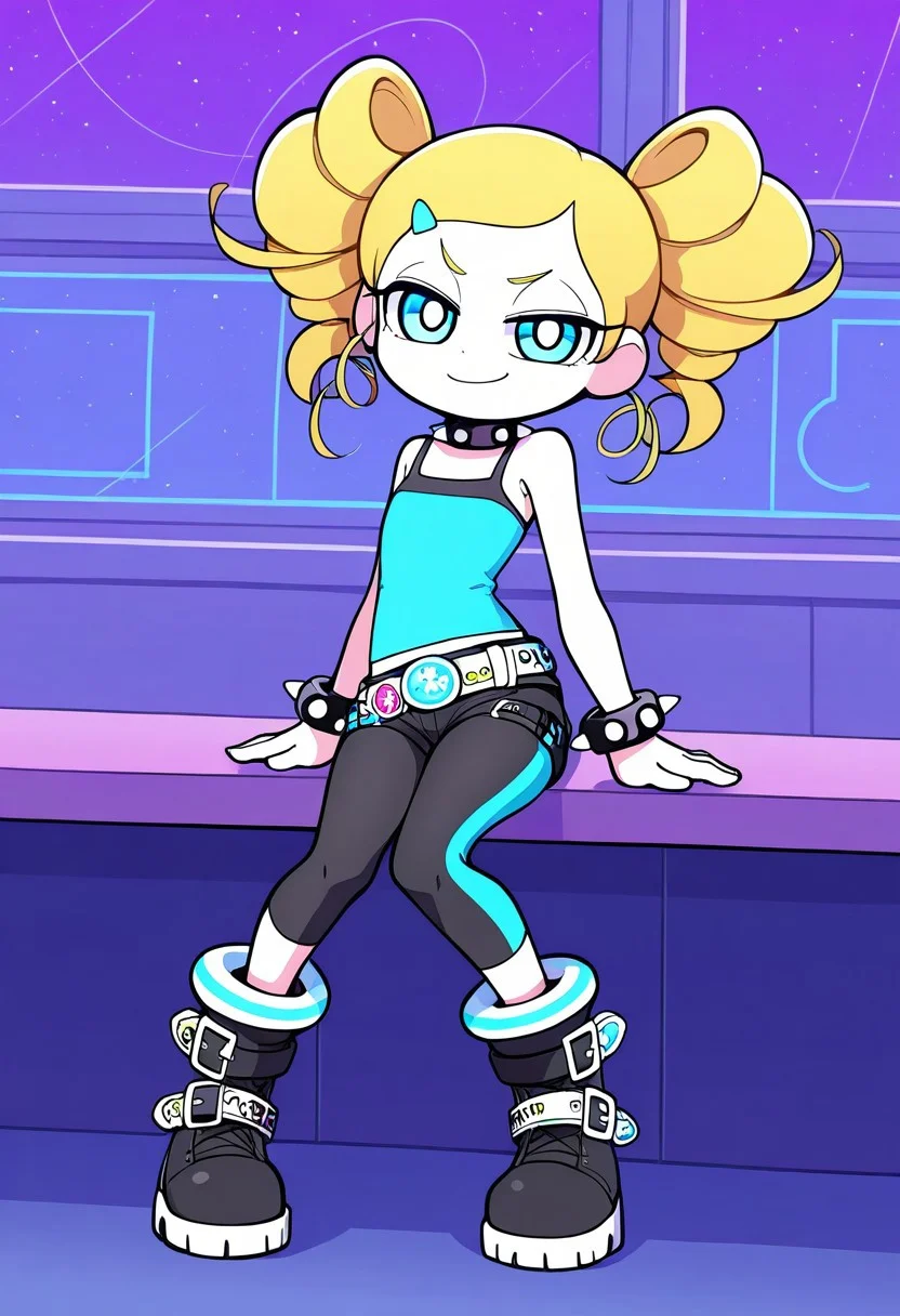 1girl, solo, ppgzmiyako, flat chest, leggings, rave clothing. mismatched leggings, black shorts, spaghetti strap tanktop, buckle boots, skindentation, white pupils, blue eyes, indoors, rave, spiked bracelets, spiked collar, smug, looking at viewer,