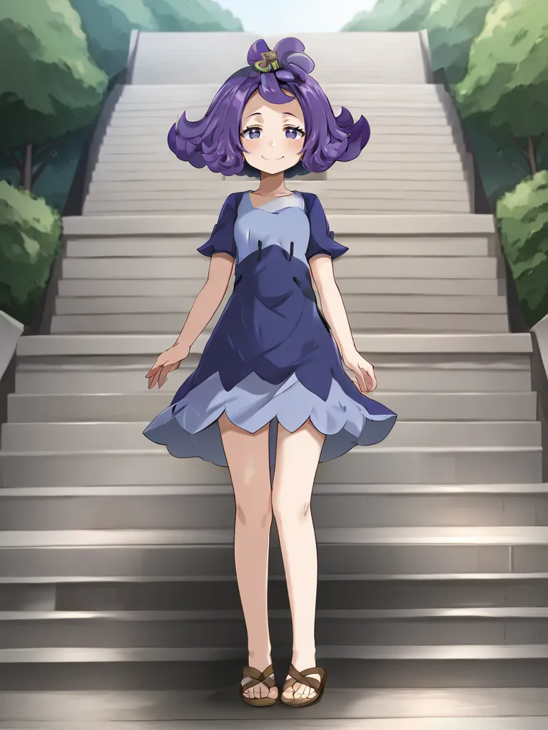 <lora:sumonacerolatsukishiro:1>
1girl, solo, acerolasiriguela, purple hair, flipped hair, topknot, hair ornament, multicolored dress, short sleeves, sandals, full body, outdoors, standing, stairs, looking at viewer, smug, smile, cowboy shot