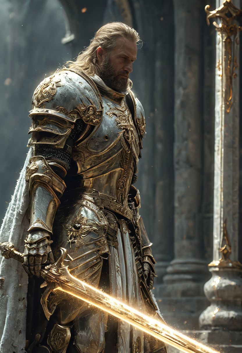 A stunning, highly detailed dark fantasy full body illustration of a proud angelical warrior wearing intricate medieval white HKStyle armor and an epic white ornamented mask, holding a great golden glowing sword, golden and blue glooming eyes, very wide shoulders, wearing big gauntlets, epic composition. The warrior stands heroic with a flowing cloak and white hood during a storm with foggy gloom, thunderclouds in the background . The scene depicts him with brooding emotional agony , style by Greg Rutkowski, by Milo Manara and Russ Mills, with insanely intricate details and textures, gloomy dramatic lighting, 8K resolution