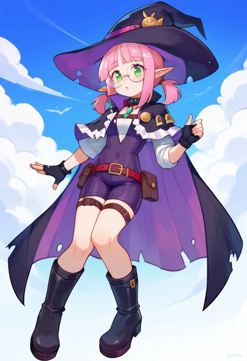 score_9, score_8_up, score_7_up, score_6_up, score_5_up, ARKNIGHTS NOBODY, Full Body, 1girl, solo, ((pink hair), very short hair, short twin low ponytails, twin low ponytails), elf ears, round glasses, green eyes, young girl, slim build, exposed legs, light skin, mage outfit, purple witch hat, dark violet corset, ((bodysuit, fingerless gloves, purple accents in outfit)), purple low boots, leather mid-calf boots, feathered collar, belt with pouches, belt with buckles, witch hat, vest, red belt, purple boots, short boots, center opening, thigh strap, pouches, necklace, pendant, chest harness, tattered cape, cape with tattered edges, witchxl,