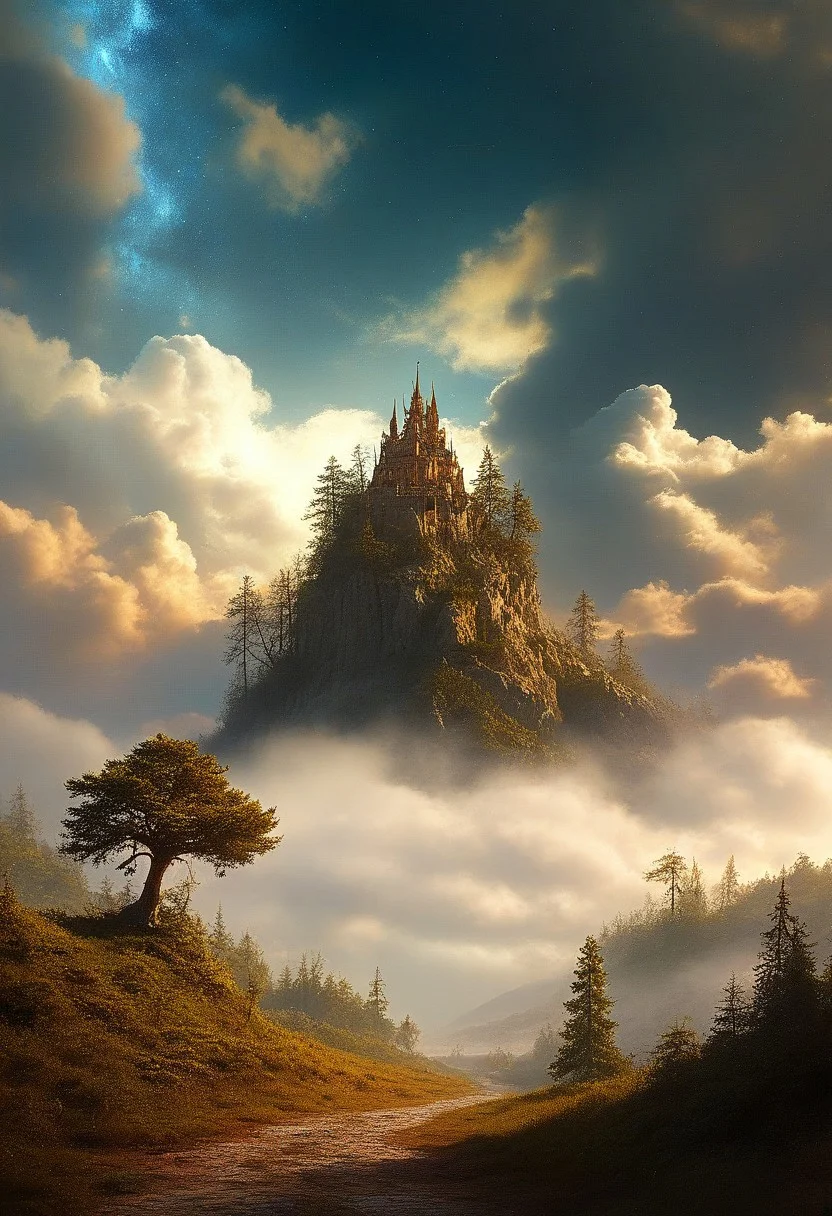 baroque art style , ancient fantasy forest,intricately intertwined trees,
stunningly beautiful clouds
down ,
epic composition, cinematic,
perfection style, perfection, perfect , style of Rembrandt, flux-style