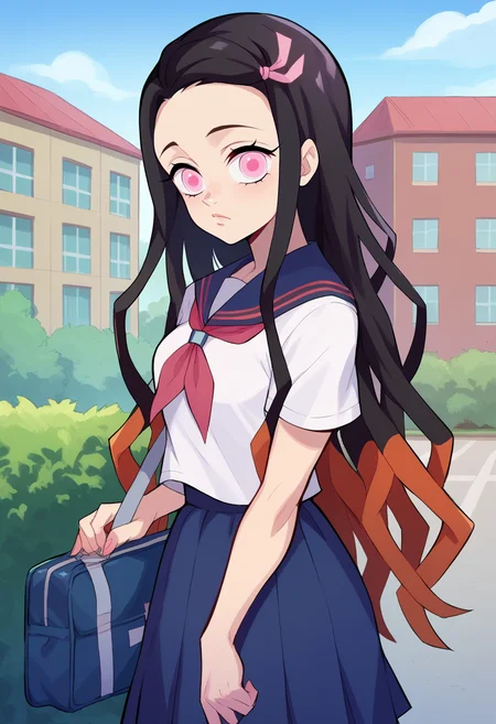 score_9, score_8_up, score_7_up,score_6_up BREAK ict style,kamado nezuko, 1girl, black hair, pink eyes,magenta pupils, pink hair ribbon, two-tone hair, school uniform, blue sailor colar,white shirt, red neckerchief, blue skirt,short sleeves,looking at viewer,outdoors,school,building,school bag,shoulder bag,(from side:0.8) <lora:BootyFarmPony:1> <lora:NezukoPony_v2:1>