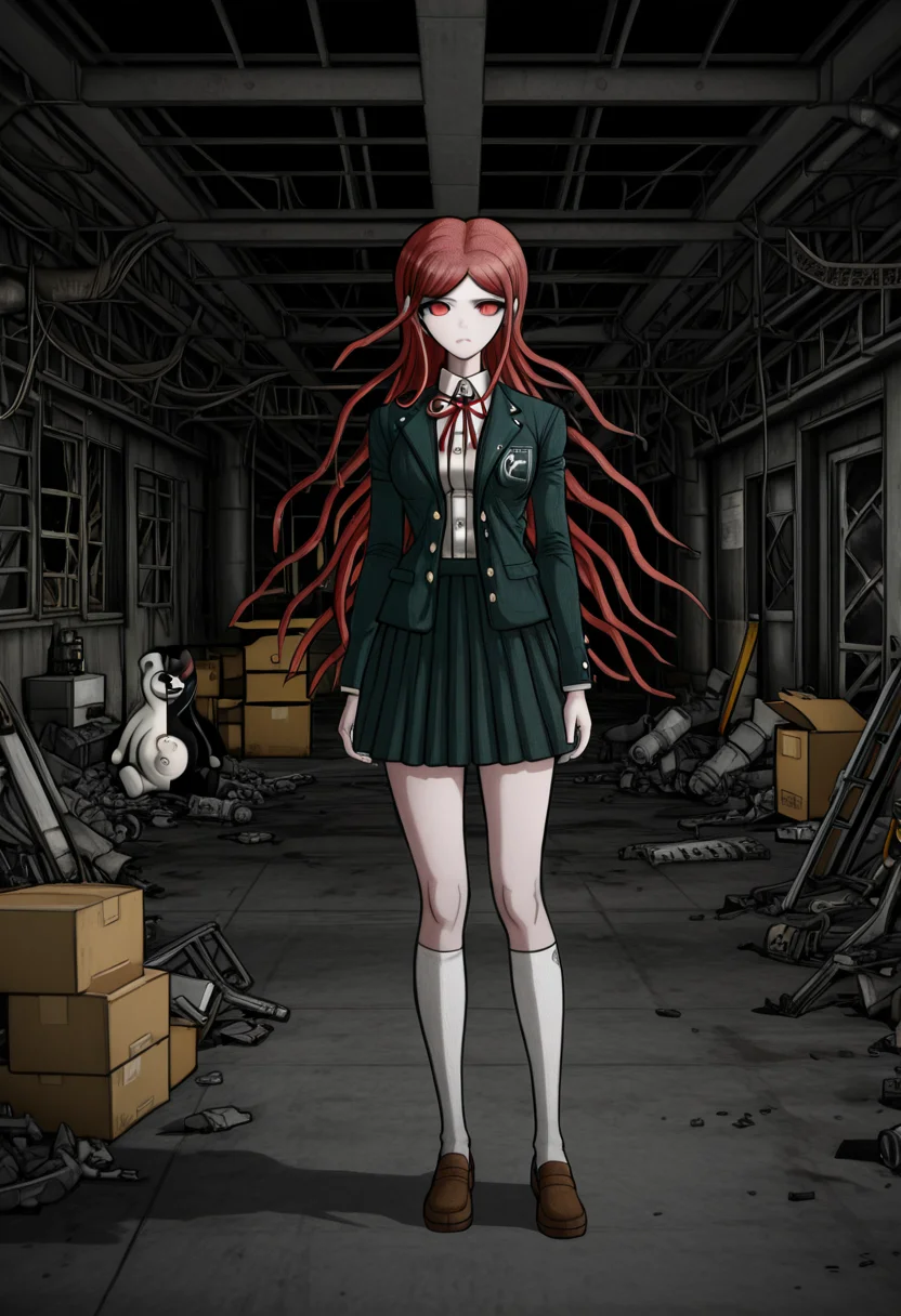 masterpiece, best quality, absurdres, <lora:Danganronpa_Locations:1>,  danganronpa sprite style, danganronpa_sprite_style , <lora:Ryoko_Otonashi:0.2>, danganronpa/zero, danganronpa_(series), otonashi_ryouko, 1girl, breasts, red_eyes,red_hair, grey_jacket grey_skirt, dress_shirt, white_shirt, jacket, kneehighs, loafers, long_hair, long_sleeves, neck_ribbon, open_clothes, open_jacket, pleated_skirt, red_ribbon, ribbon,school_uniform, shirt, shoes, skirt, socks, solo,white_socks , abandoned_warehouse,monokuma,black_and_white_character,yellow_robot,boxes,cardboard_boxes,concrete_floor,industrial_setting,dark_lighting,crane,grungy,neglected_space,metal_beams,pallets,bare_bulbs,broken_window,dusty,shadowy_atmosphere,storage_area,mechanical_equipment,steel_structures,danganronpa,danganronpa_(series),danganronpa_2:_goodbye_despair,danganronpa 2,danganronpa sprite style,danganronpa_sprite_style