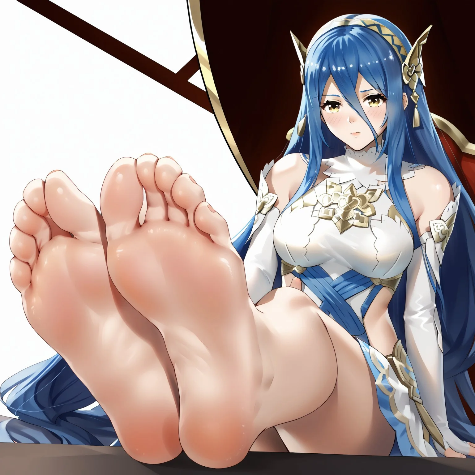safe_pos, 1girl, AZURA_(FIRE_EMBLEM), fire emblem fates, blue hair, blush, medium breasts, elbow gloves, fingerless gloves, very long hair, looking at viewer, white dress, white gloves, yellow eyes, sitting, soles, foreshortening, close up