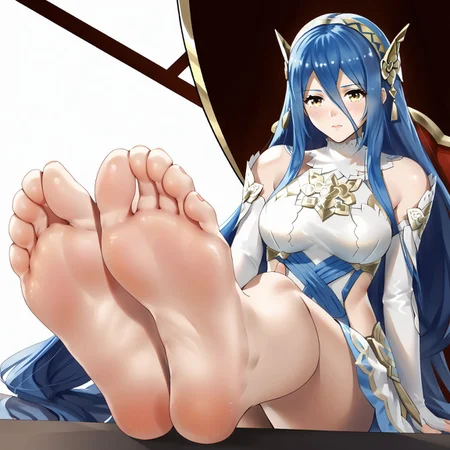 safe_pos, 1girl, AZURA_(FIRE_EMBLEM), fire emblem fates, blue hair, blush, medium breasts, elbow gloves, fingerless gloves, very long hair, looking at viewer, white dress, white gloves, yellow eyes, sitting, soles, foreshortening, close up
