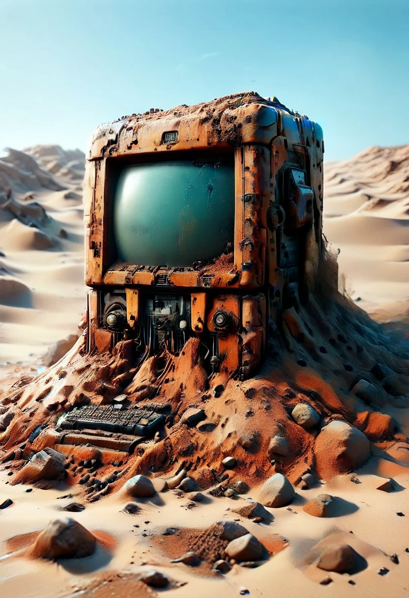 ultra high resolution, masterpiece, best quality, a sci-fi , desert, A (rusty) and (broken) retro computer buried in the sand, in the style of hyper realistic photography. evi@decrepPunk, no human