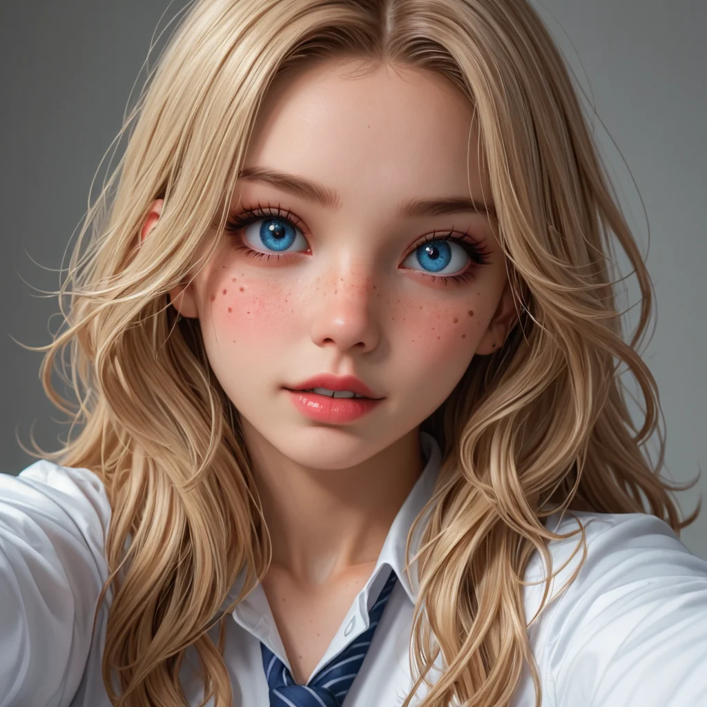 best, masterpiece, Domi with wavy blonde hair and blue eyes, extreme closeup, exotic colorful makeup, model face, model pose, selfie, highly detailed skin texture, freckles, highly detailed photo, professional photograph, dynamic lighting
