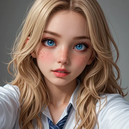 best, masterpiece, Domi with wavy blonde hair and blue eyes, extreme closeup, exotic colorful makeup, model face, model pose, selfie, highly detailed skin texture, freckles, highly detailed photo, professional photograph, dynamic lighting
