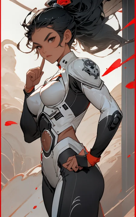 ((masterpiece, best quality)), solo, looking at viewer, amazon_woman whit black hair wearing spacesuit, long hair, "Pout", "Spiral curls hairstyle" hair, "Holding an object with both hands, inspecting" pose , skin tight, depth of field, light particles,
<lora:GoodHands-beta2:1>,
<lora:BrazilianWomanAmazon_V1.0:1>,
<lora:muscle_slider_v1:2>,
<lora:weight_slider_v2:-1>,
<lora:hair_length_slider_v1:1>,
<lora:spacesuitV1.0:0.7>,
<lora:wuxia2:1>