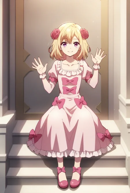 score_9_up,score_8_up,score_7_up,<lora:CDE_JS_pony-000018:1>,
CDE_JS,blonde hair,hair flower,medium hair,purple eyes,solo,
pink dress,pink bow,pink flower,frills,
collarbone,cowboy_shot,smile,waving,sitting,full body