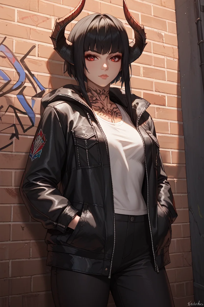 score_9, score_8_up, score_7_up,
<lora:TKNEliza:0.8>
TKNEliza, 1girl, black hair, demon horns, tattoo, red eyes, looking at viewer, leaning against a brick wall, hands in jacket pockets, urban alleyway with graffiti art, moody lighting with shadows, edgy and modern vibe
