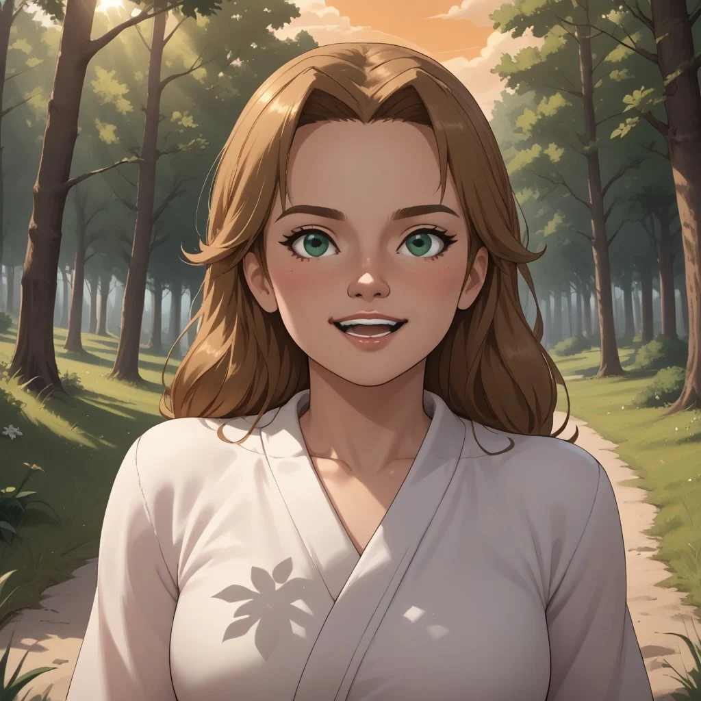 score_9, score_8, BREAK, solo, wii, mii, wii sports resort, 1girl, female mii, tree shaped nose, green eyes, light brown hair, open mouth, teeth, blush, white clothing, white pants, sandals, cute, nintendo mii, modern_mii, classic_mii, breasts, Ursula_(\Wii_Sports_Resort\), sexy pose, self portrait, smile, outdoors, sunlight, shadows, evening lighting, natural lighting, forest, trees, grass, orange sky, sunset