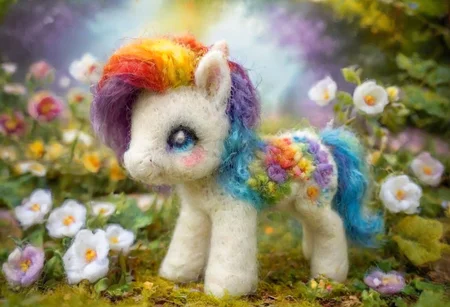 pamfelt, a ral-ltlpowny rainbow colored pony, flowers, forest, high quality, masterpiece, intricate, hdr