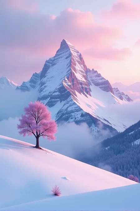 a snow covered mountain with a lone tree in the foreground, keisuke goto, gradient light purple, leading to a beautiful, sparse, carpathian mountains, awarded winning photo, beautiful avatar pictures, pink hues, gentle shadowing, in a desolate, images, <lora:Landscapes_II:0.8>âââ