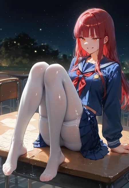 score_9, score_8_up, score_7_up, score_6_up, score_5_up, score_4_up, source_anime,
masterpiece, detailed, detailed body, 
,
volumetric lighting, vibrant colors, light particles, godrays, warm light, 1dk, Expressiveh
girl, solo, ), slim body,  sitting on desk,
  full body,, shiny, shiny skin, skindentation, 
),
 <lora:zs_SahoriXL_1:1> sahorismtv, long hair, blunt bangs, red hair, blue serafuku, long sleeves, blue skirt, white pantyhose, night, school classroom, evil grin,,  
 Expressive eye,
Expressionless,