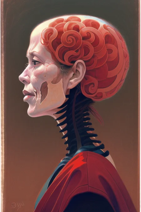 a portrait of a sad woman in a red kimono