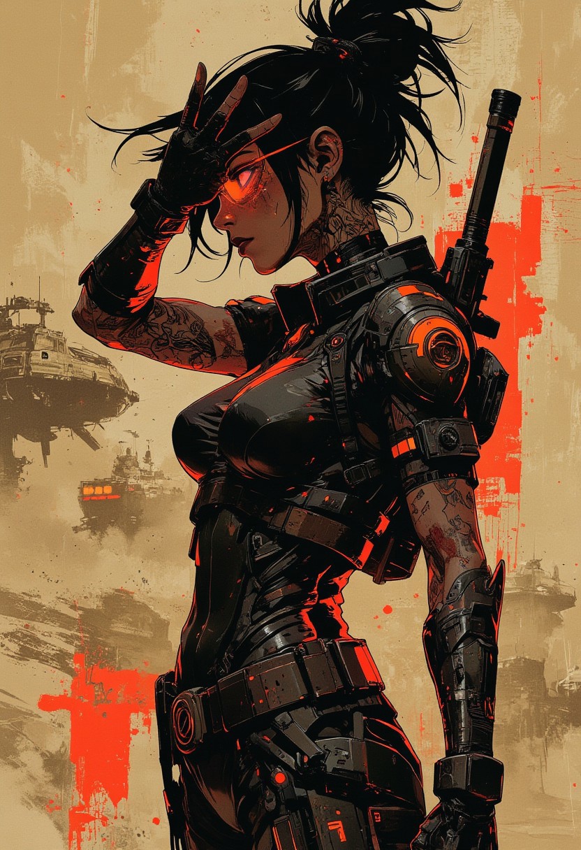 in the style of ck-mgs, nistyle, Inkplash art on rice paper, sepia, henna, Silhouette Art, magnificent, inksplash, closeup portrait, female bounty hunter, large breasts, large ass, neck tattoos, flowing black hair, reflective black and neon red armor, futuristic armor, a rifle strapped to her back, holstered pistol, holding hand up to block dust flying in her eyes, abstract background suggesting a harsh desert world, Spaceships flying overhead, dust storm, windy, 
Cowboy Shot, close up,