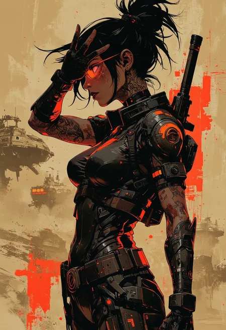 in the style of ck-mgs, nistyle, Inkplash art on rice paper, sepia, henna, Silhouette Art, magnificent, inksplash, closeup portrait, female bounty hunter, large breasts, large ass, neck tattoos, flowing black hair, reflective black and neon red armor, futuristic armor, a rifle strapped to her back, holstered pistol, holding hand up to block dust flying in her eyes, abstract background suggesting a harsh desert world, Spaceships flying overhead, dust storm, windy, 
Cowboy Shot, close up,