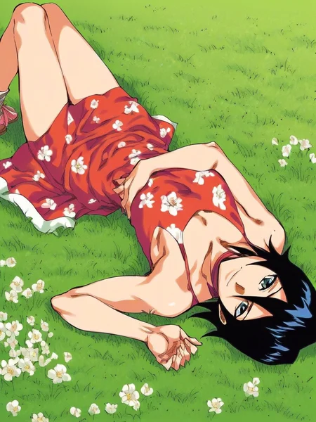 score_9, score_8_up, score_7_up, source_manga, colored, Tite Kubo manga style, Tite Kubo art style, <lora:Tite_Kubo_manga_style_Pony:1>, rukia kuchiki, summer dress, on grass, flowers, lay, on back, looking at viewer, closed mouth, soft smile, from above, best quality, masterpiece