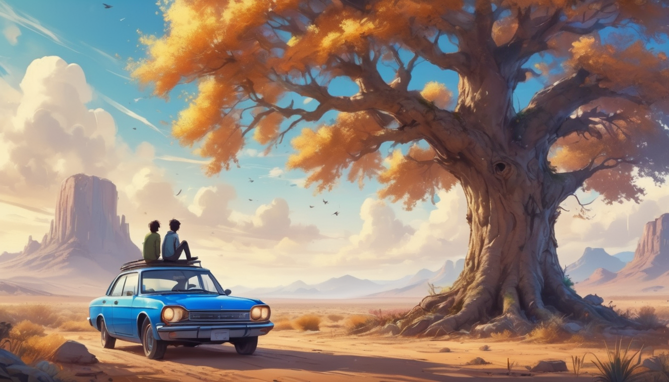 <lora:Dreamyvibes - Alt-Version - Trigger is Dreamyvibes Artstyle:1> dreamyvibes artstyle, t a blue car suspended in the air, seemingly floating above  a small house . The car is positioned on top of a tree, with the trunk extending out from the house. The scene is set in a desert landscape, with  a cloudy sky  and  mountains  in the background.  A person  can be seen sitting in the car, possibly enjoying the view or admiring the car's height.