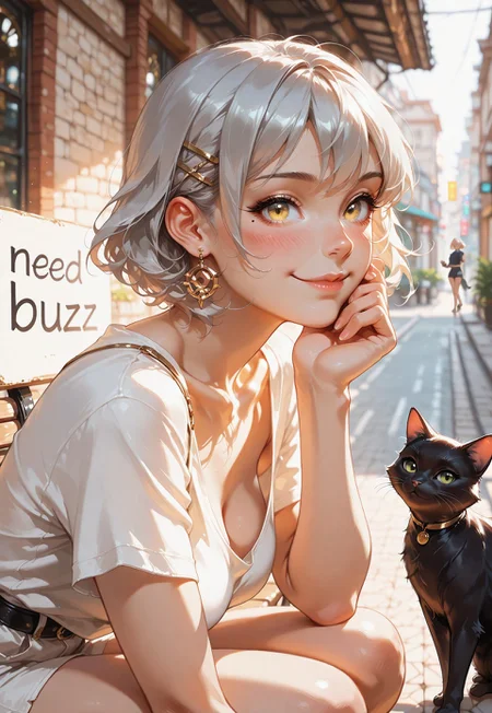 masterpiece, ultra-HD, cinematic lighting, photorealistic, impressionism (1.5), high detail, depth of field, (blurred background), (dramatic lighting), masterpiece, best quality, very aesthetic,8k,masterpiece, best quality, realistic, masterpiece, best quality, 8k, sweet smile, cute, close mouth, blush,
1girl, solo, gold eyes, short hair, silver hair, simple hair clip, medium breast,  puffy breast, gold earrings, detailed earrings, wearing tee, deep v neck, perfect body, (thighs:1.4), upper body, cat close up, cat on a bench, ((((looking at viewer)))), 
from side,  short sleeves, loose tee, mole, white_background, collarbone, slim, distant view, eyebrows_visible_through_hair, simple_background, silver and gold colour tone, city street background, squatting, looking at the cat, black cat, sunlight, hand supporting chin, blush sunlight, petting a cat, holding sign, need buzz