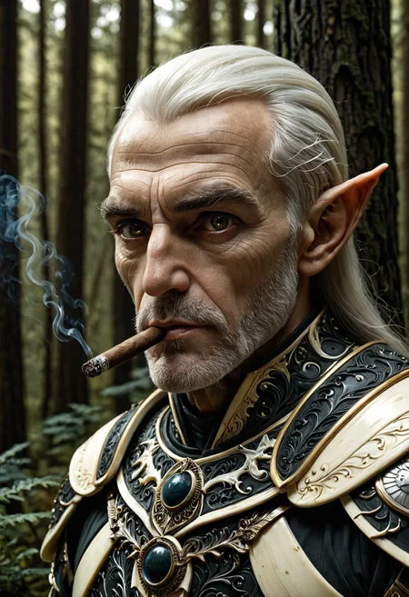 1male, elf, grumpy, ethereal, beautiful, old, (bloodshot eyes, dilated pupil:1.2), (adult:1.3), safe,
silver hair, smoking cigar,
forest background, godrays, depth of field, face focus, dramatic lighting, detailed shadows,
armor made out of, ebony, ivory, scrimshaw, bone carving, armored,
<lora:Ebony_and_Ivory_Scrimshaw_style_-_SDXL:1>, masterpiece, best_quality, amazing_quality, very_aesthetic, 8k, high_quality, highres, absurdres, subject_focus,, detailed eyes, perfect eyes, realistic eyes,