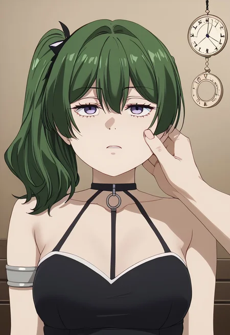 Ubel being hypnotized,
score_9, source anime, lewd, 1girl,
mind control, hypnotized, empty eyes, no pupils, blank stare, half lidded eyes, expressionless, slack jaw, (hypnotic pendulum in face), drooling,
cheek pinching, pov hands, (pov holding pendulum),
ubel, green hair, bangs, hair between eyes, side ponytail, purple eyes,