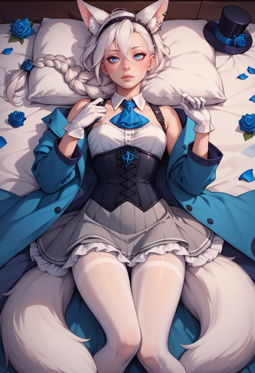 score_9, score_8_up, score_7_up, score_6_up, score_5_up, score_4_up, rating_explicit,  BREAK,  <lora:fubukiXL-10:0.75> fubukielegant, braided ponytail, blue coat, blue ascot, blue rose, corset, collared shirt, grey skirt, frilled skirt, white pantyhose, white gloves, mini top hat, hairband, white hair, piercing, fox tail, pentagram lying face down, head toward the camera