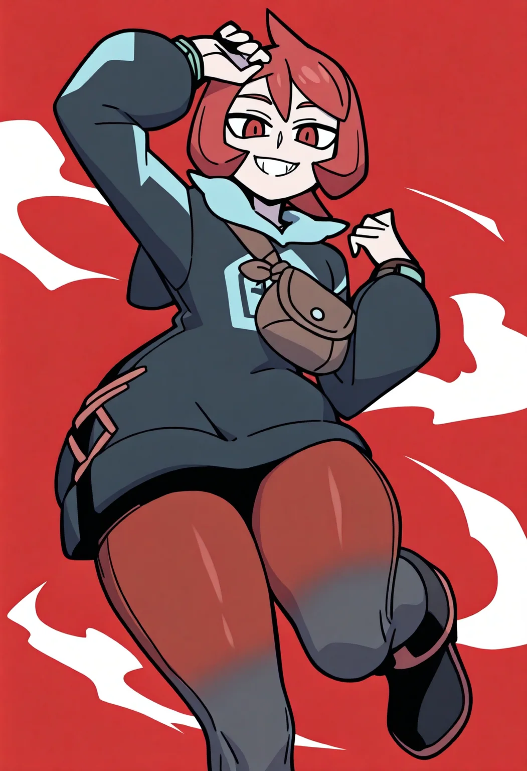 masterpiece, best quality, very aesthetic, absurdres, vanripper BREAK
1girl, arezu, red hair, cowlick, short hair, red eyes,
hoodie, long sleeves, pantyhose, boots, brown bag,
grin, upper body, looking at viewer, solo, red background    <lora:ArezuIllustriousXL_byKonan:1> <lora:VanripperIllustriousXL_byKonan:1>
