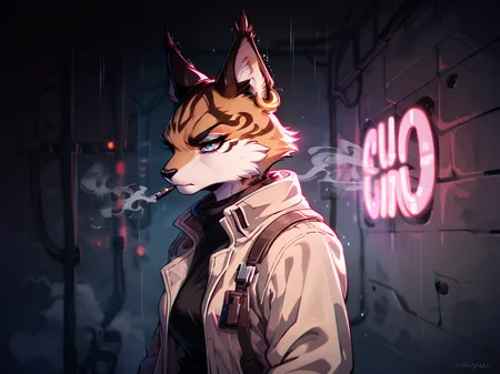 score_9, score_8_up, score_7_up, score_6_up, source furry, 1girl, female, solo, miyu, furry, space pilot suit, ,beige trench coat, serious, walking, side view, raining, noir film, neon lights, 43stl1ght1ng, low light, darkness, dramatic lighting, eye lighting, black room:1.2, smoke, <lora:43stl1ght1ngXLP2:.6> <lora:Miyu_Swift_v2:.8>, Vintage, 1990s \(style\), <lora:OldAnimeStyle_XL_v3:.6>, ZPDXL
