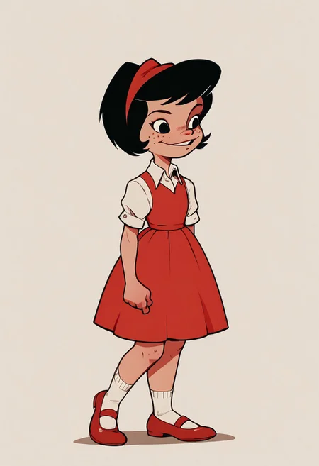 score_9, score_8_up, score_7_up BREAK Yuyito, 1girl, black hair, red headband, black eyes, freckles, white-collared red dress, socks, black mary jane shoes,