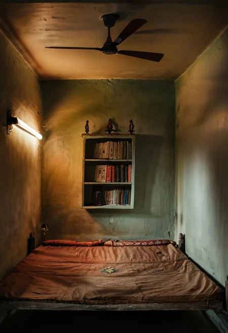 A thought-provoking color image of a modest Indian home's windowless basement room interior. The room have a single tube light on one side. There is a simple ceiling fan with three blades on the room. The overall ambiance of the photo is one of simplicity and the stark reality of limited resources. there are no bedside tables or table lamps. There is a bookshelf with minimum decoration on wall representing traditional Indian culture. One side has a single simple wooden cot with simple bedding and pillow. There is a single standing fan on the room as well., photo, cinematic Indian_Building, InteriorType:UrbanBedRoom