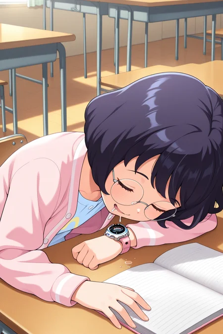 masterpiece, best quality, amazing quality, absurdres, misorainaho, short hair, glasses, round eyewear, solo, smile, upper body, sleeping, head down, drooling, sitting, light blue shirt, pink cardigan, wristwatch, indoors, classroom, school, desk, open notebook