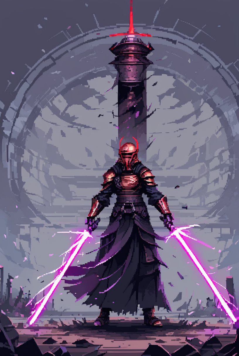 (7-DarthRevan holding lightsaber) swirling energy, menacing, detailed helmet, cloaked, sci-fi, swinging sword, energy sword, glowing beam, purple and red glow
pixel art
<lora:d3p1x3lXLP:0.8>  <lora:Darth Revan PONY v1.0:1>