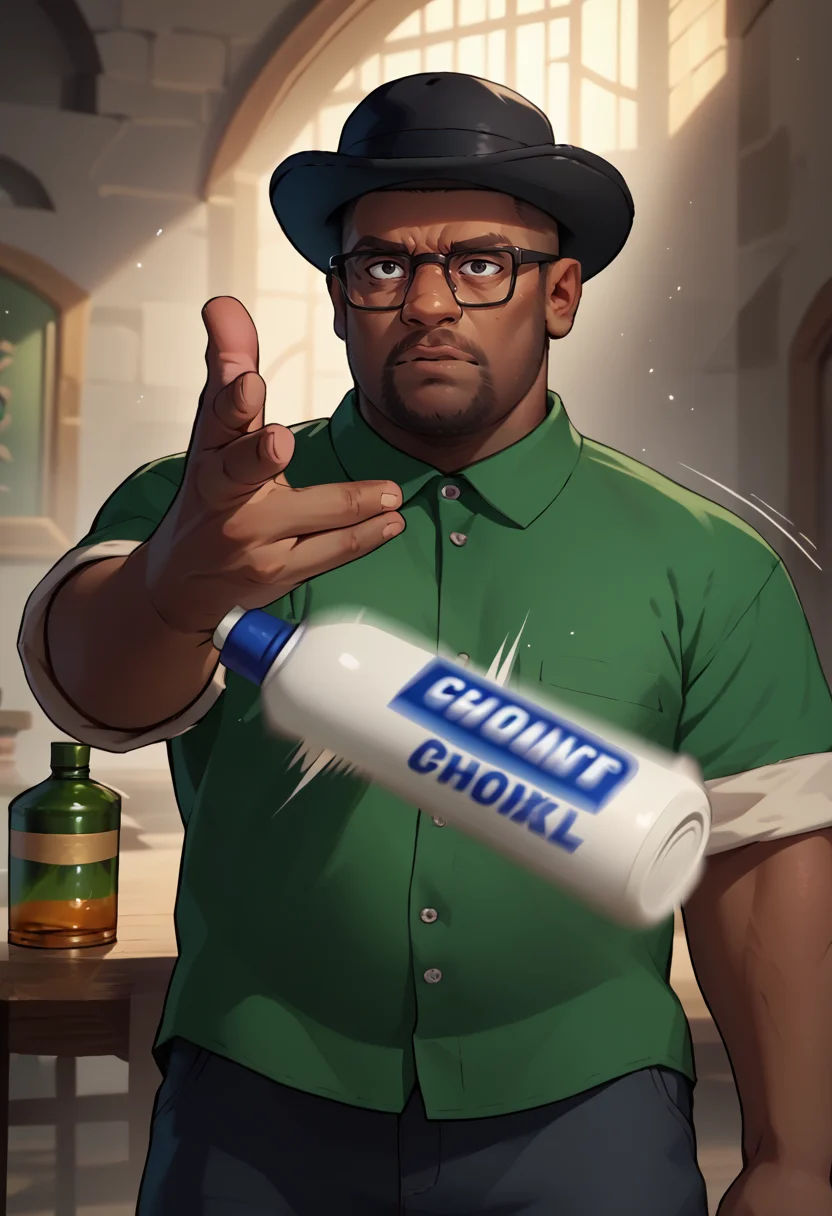 score_9, score_8_up, score_7_up, EminemThrowingMeme, throwing, throwing bottle, <lora:EminemThrowingMeme_pdxl_Incrs_v1:1>, <lora:BigSmoke_XLPD:0.8> BigSmoke, black eyes, dark-skinned male, facial hair, glasses, black headwear, green shirt, pants, motion lines, motion blur,