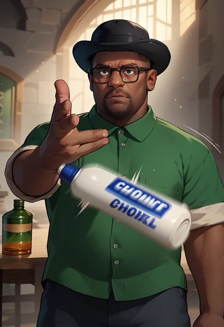 score_9, score_8_up, score_7_up, EminemThrowingMeme, throwing, throwing bottle, <lora:EminemThrowingMeme_pdxl_Incrs_v1:1>, <lora:BigSmoke_XLPD:0.8> BigSmoke, black eyes, dark-skinned male, facial hair, glasses, black headwear, green shirt, pants, motion lines, motion blur,