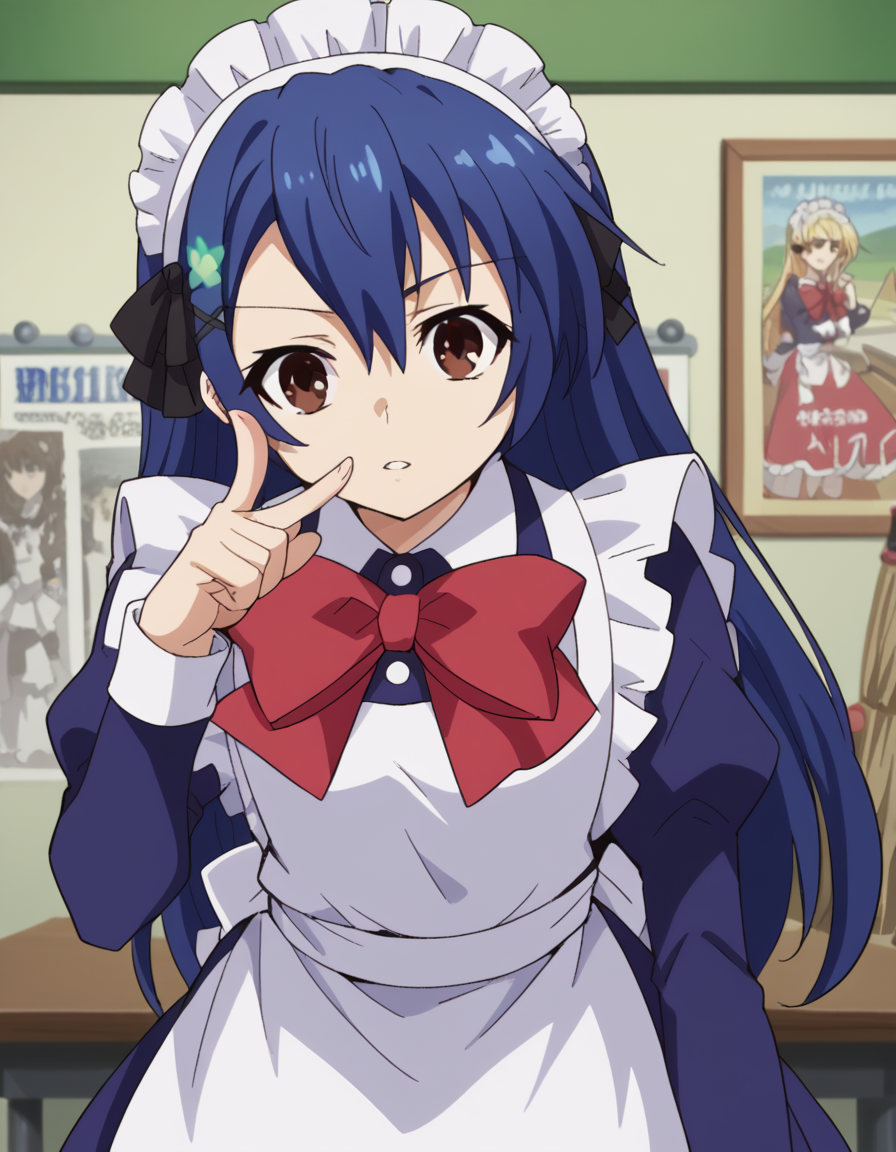 score_9, score_8_up, score_7_up, source_anime, <lora:shiori-itsuka-s2-ponyxl-lora-nochekaiser:1>, shiori itsuka, long hair, hair ornament, brown eyes, blue hair, hairclip, otoko no ko,, long sleeves, dress, bow, frills, bowtie, apron, red bow, maid, maid headdress, crossdressing, enmaided, clubroom, posters, meeting table, decorations, student council, , <lora:finger-to-cheek-ponyxl-lora-nochekaiser:1>, finger to cheek, index finger raised, pointing at self, bedroom, parted lips, leaning forward, bent over, cowboy shot, dutch angle,, looking at viewer, solo,, dutch angle, cowboy shot